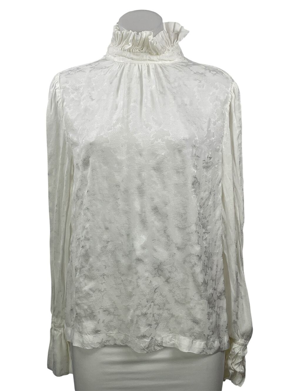 Topshop Women's White Jacquard Ruffle Mock Neck Long Sleeve Blouse Top Size 8